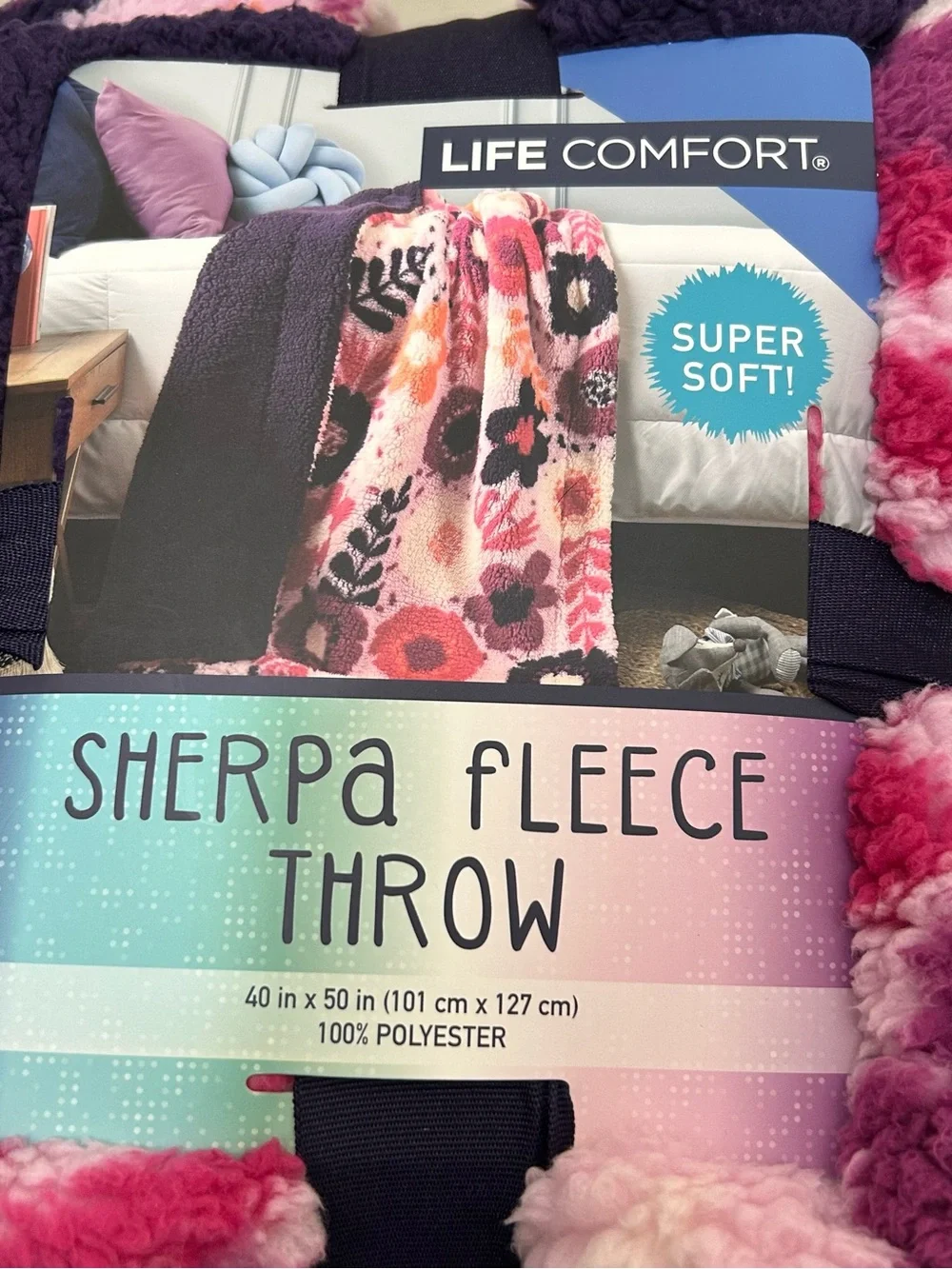 Life Comfort Kids Sherpa Fleece Throw 40 x 50 Purple Pink Floral NEW